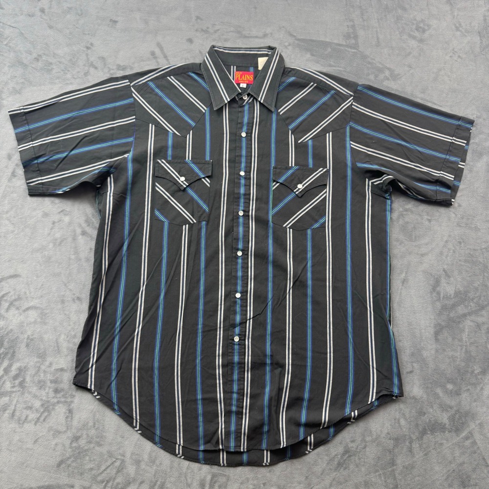 Ely Plains Mens Large Western Pearl Snap Shirt Short Sleeve Striped Black Blue